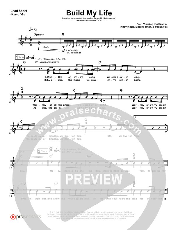 Build My Life (Live) Lead Sheet (Melody) (Pat Barrett / Chris Tomlin)