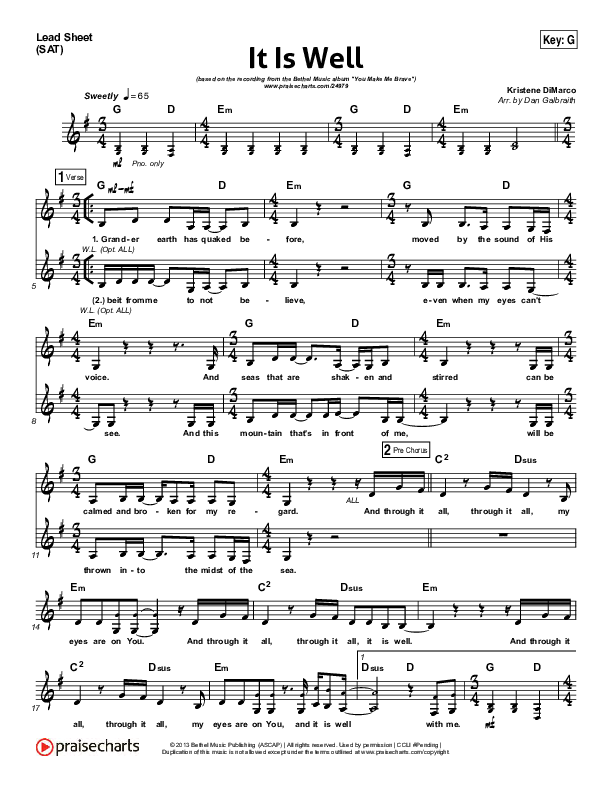 It Is Well (Choral Anthem SATB) Lead Sheet (SAT) (Kristene DiMarco / Arr. Luke Gambill)
