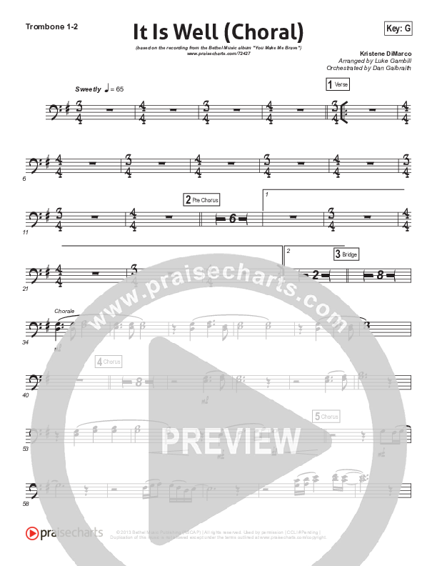 It Is Well (Choral Anthem SATB) Trombone 1/2 (Kristene DiMarco / Arr. Luke Gambill)