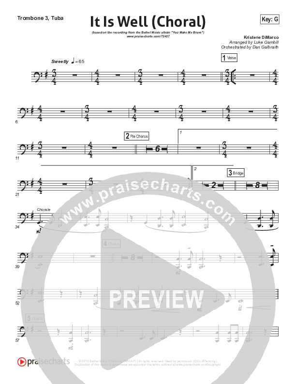 It Is Well (Choral Anthem SATB) Trombone 3/Tuba (Kristene DiMarco / Arr. Luke Gambill)