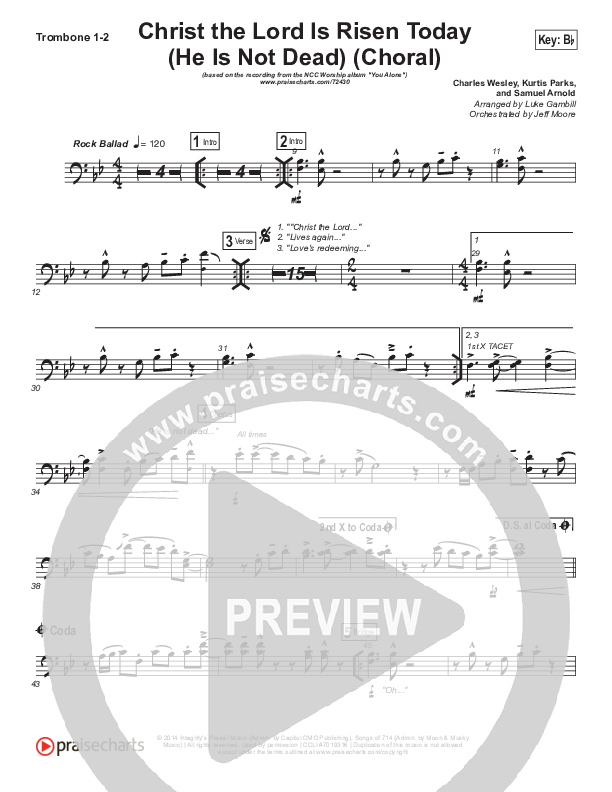 Christ The Lord Is Risen Today (He Is Not Dead) (Choral Anthem SATB) Trombone 1/2 (NCC Worship / Arr. Luke Gambill)
