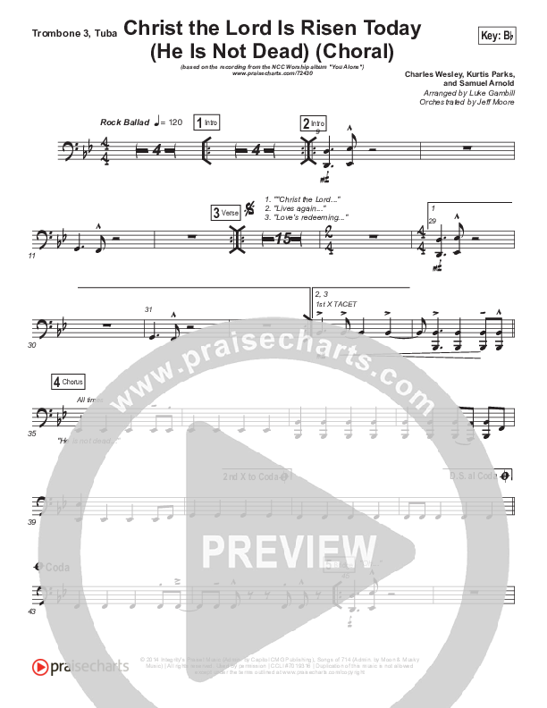 Christ The Lord Is Risen Today (He Is Not Dead) (Choral Anthem SATB) Trombone 3/Tuba (NCC Worship / Arr. Luke Gambill)