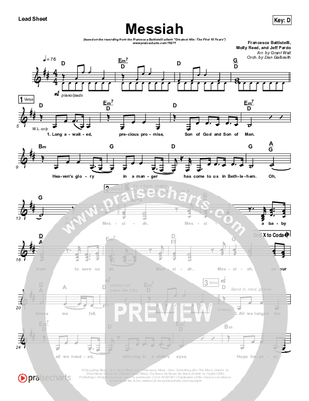 Messiah (Choral Anthem SATB) Lead Sheet (SAT) (Francesca Battistelli / Arr. Luke Gambill)