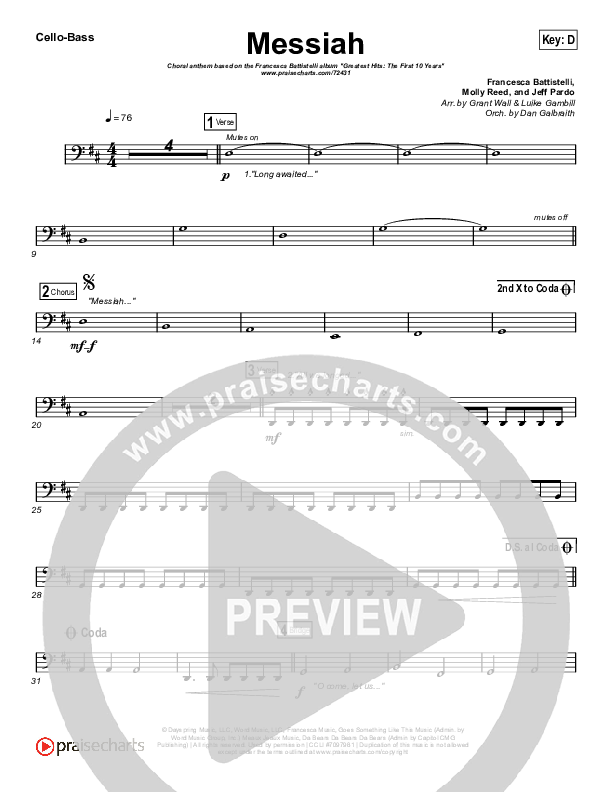 Messiah (Choral Anthem SATB) Cello/Bass (Francesca Battistelli / Arr. Luke Gambill)