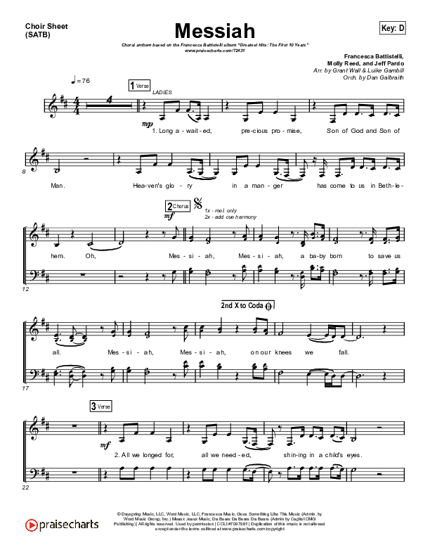 Messiah (Choral Anthem SATB) Choir Vocals (SATB) (Francesca Battistelli / Arr. Luke Gambill)