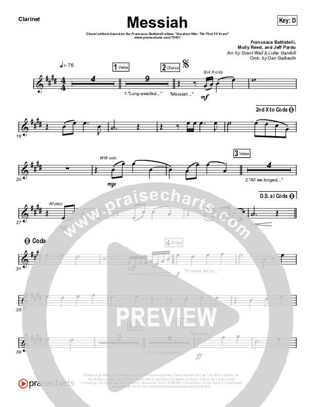 Messiah (Choral Anthem SATB) Clarinet (Francesca Battistelli / Arr. Luke Gambill)