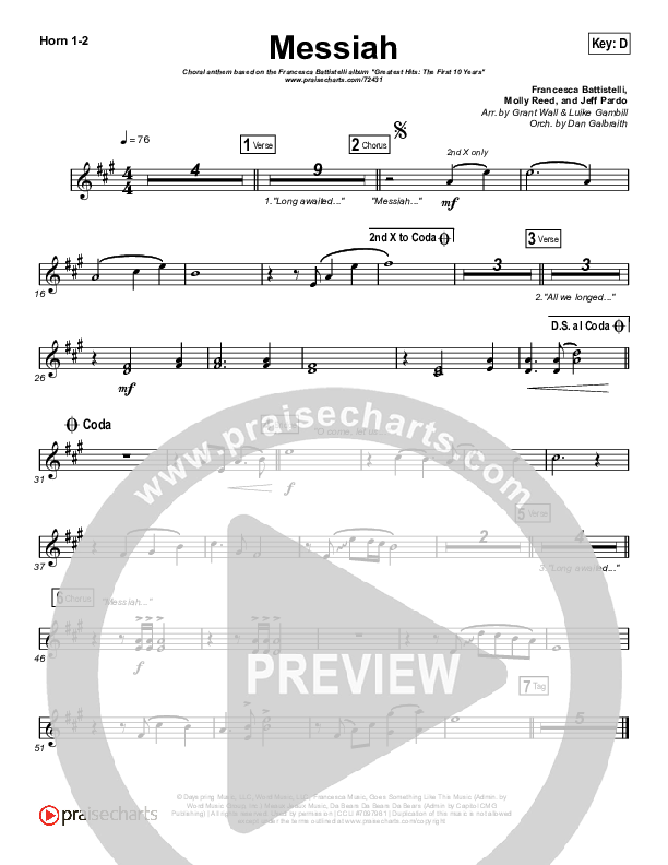 Messiah (Choral Anthem SATB) French Horn 1/2 (Francesca Battistelli / Arr. Luke Gambill)