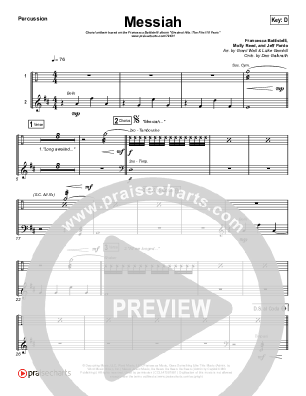 Messiah (Choral Anthem SATB) Percussion (Francesca Battistelli / Arr. Luke Gambill)