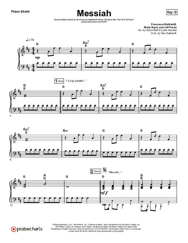 Messiah (Choral Anthem SATB) Piano Sheet (Francesca Battistelli / Arr. Luke Gambill)