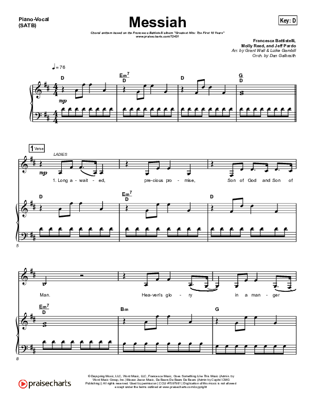 Messiah (Choral Anthem SATB) Piano/Vocal Pack (Francesca Battistelli / Arr. Luke Gambill)