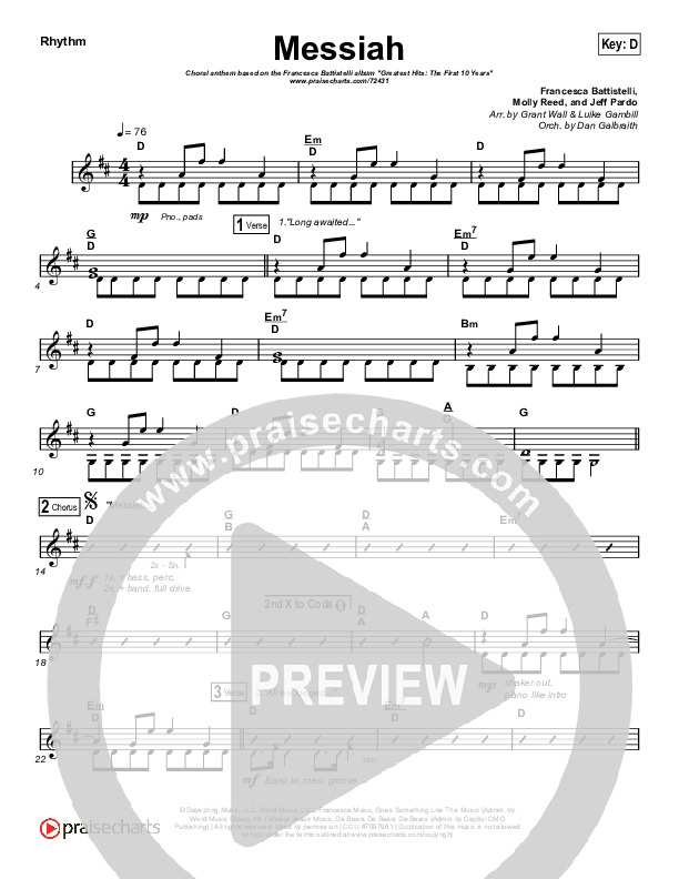 Messiah (Choral Anthem SATB) Rhythm Chart (Francesca Battistelli / Arr. Luke Gambill)