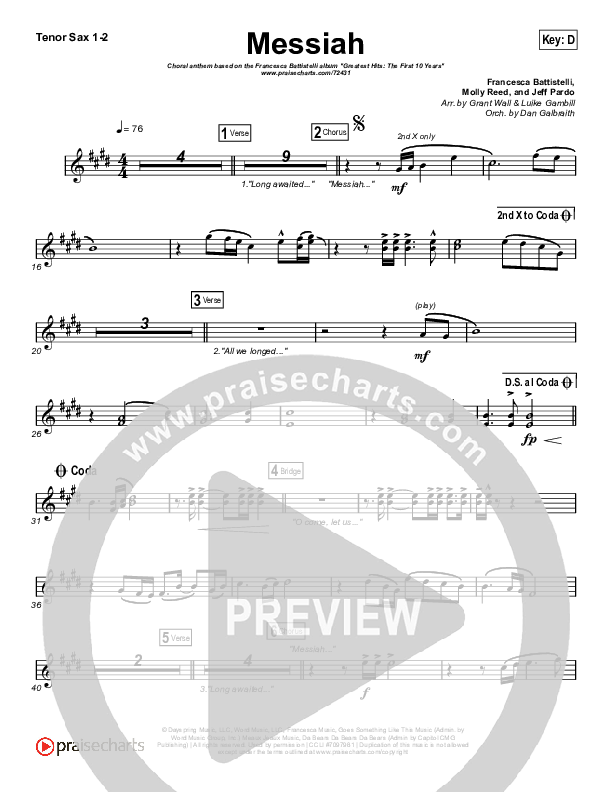 Messiah (Choral Anthem SATB) Tenor Sax 1/2 (Francesca Battistelli / Arr. Luke Gambill)