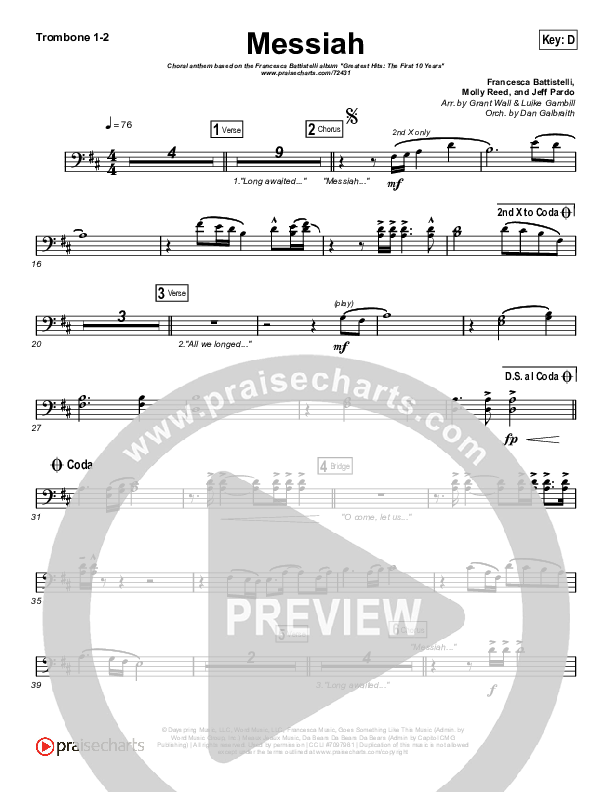 Messiah (Choral Anthem SATB) Trombone 1/2 (Francesca Battistelli / Arr. Luke Gambill)