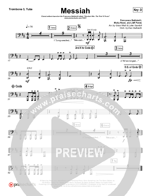 Messiah (Choral Anthem SATB) Trombone 3/Tuba (Francesca Battistelli / Arr. Luke Gambill)
