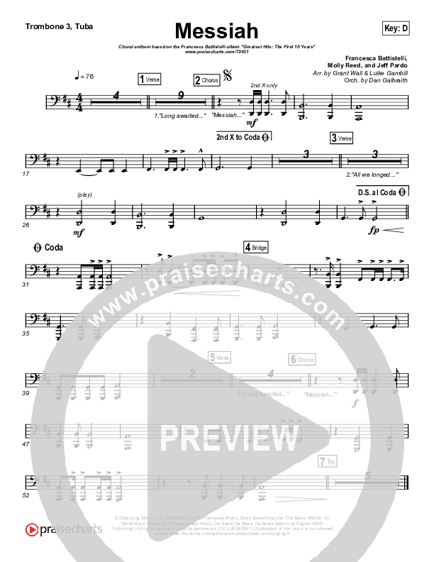 Messiah (Choral Anthem SATB) Trombone 3/Tuba (Francesca Battistelli / Arr. Luke Gambill)