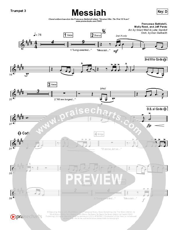 Messiah (Choral Anthem SATB) Trumpet 3 (Francesca Battistelli / Arr. Luke Gambill)