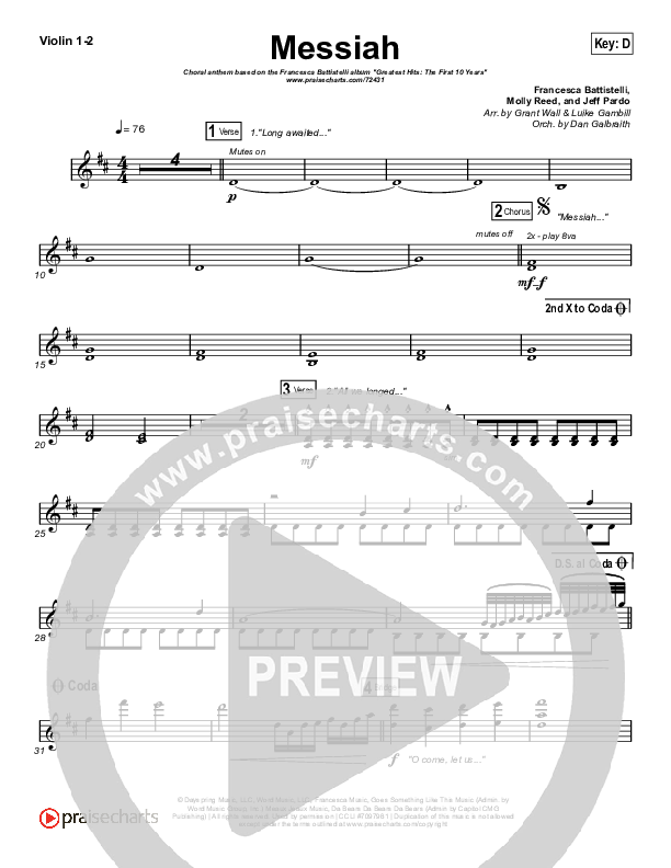 Messiah (Choral Anthem SATB) Violin 1/2 (Francesca Battistelli / Arr. Luke Gambill)