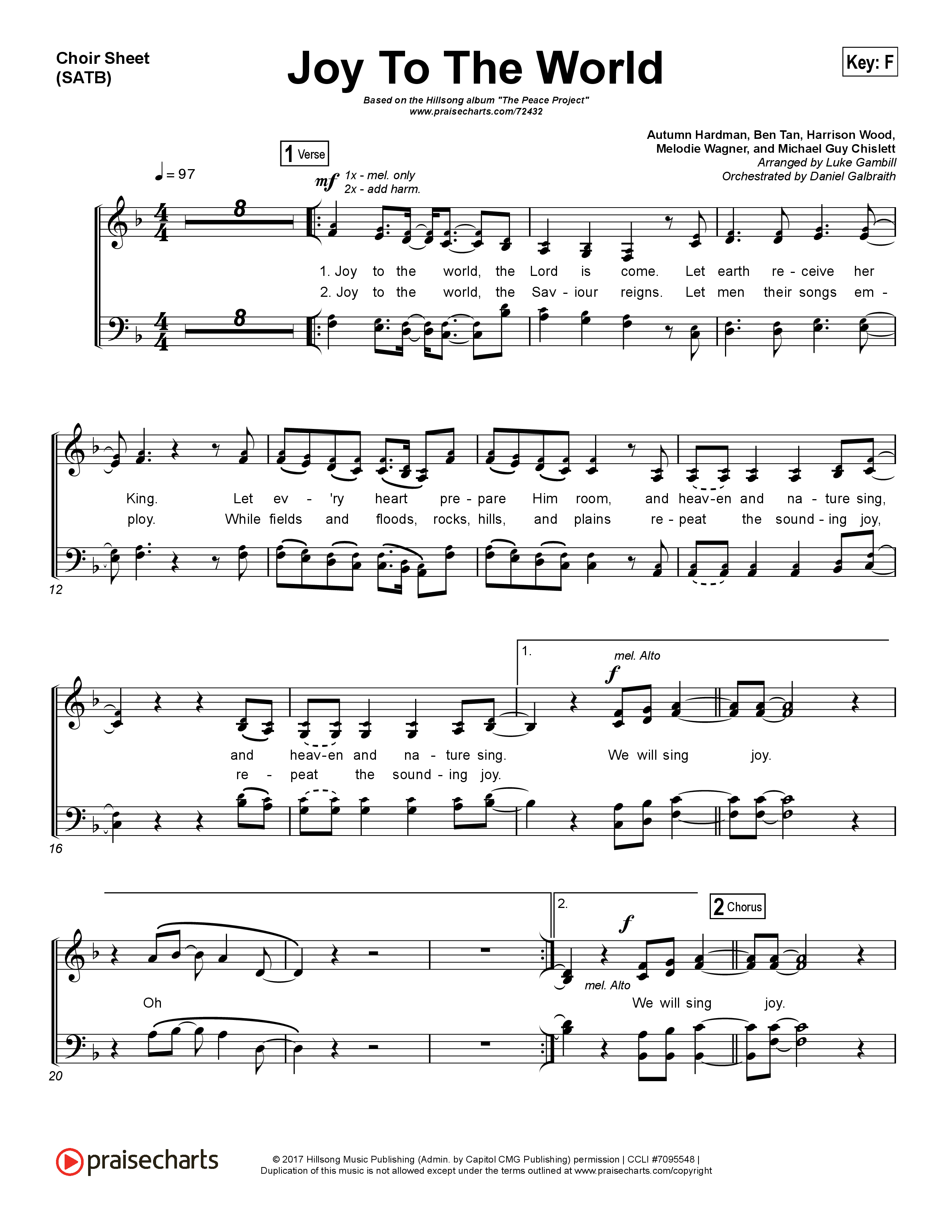 Joy To The World (Choral Anthem SATB) Choir Vocals (SATB) (Hillsong Worship / Arr. Luke Gambill)