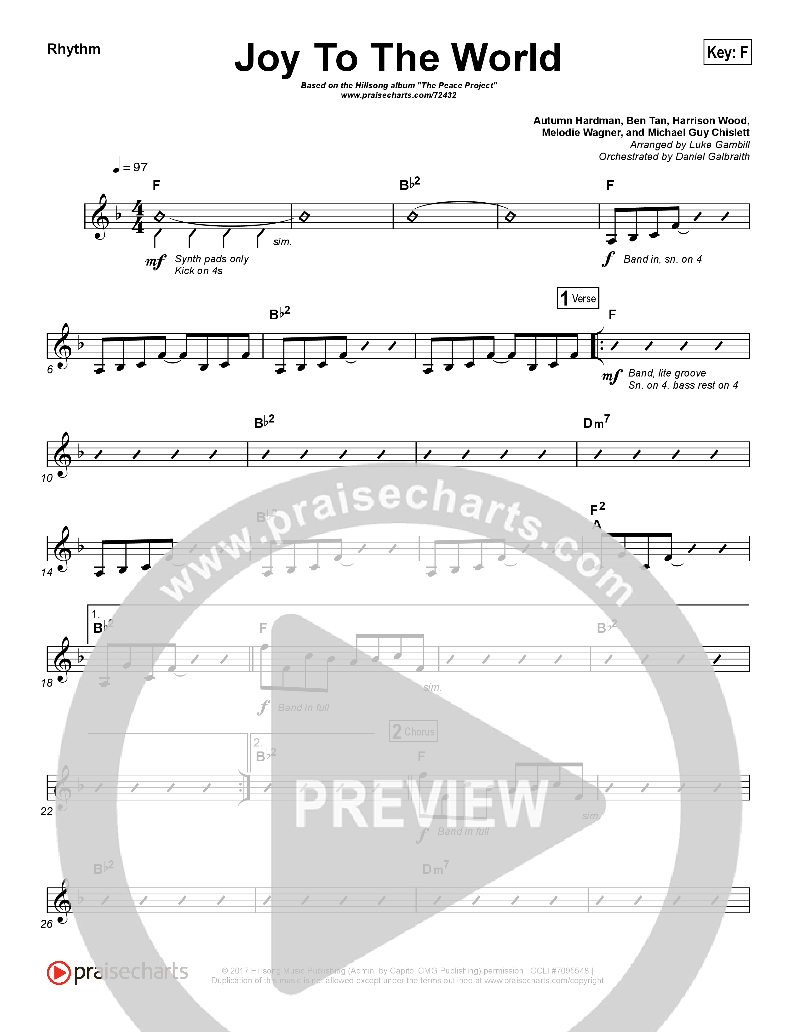 Joy To The World (Choral Anthem SATB) Rhythm Chart (Hillsong Worship / Arr. Luke Gambill)