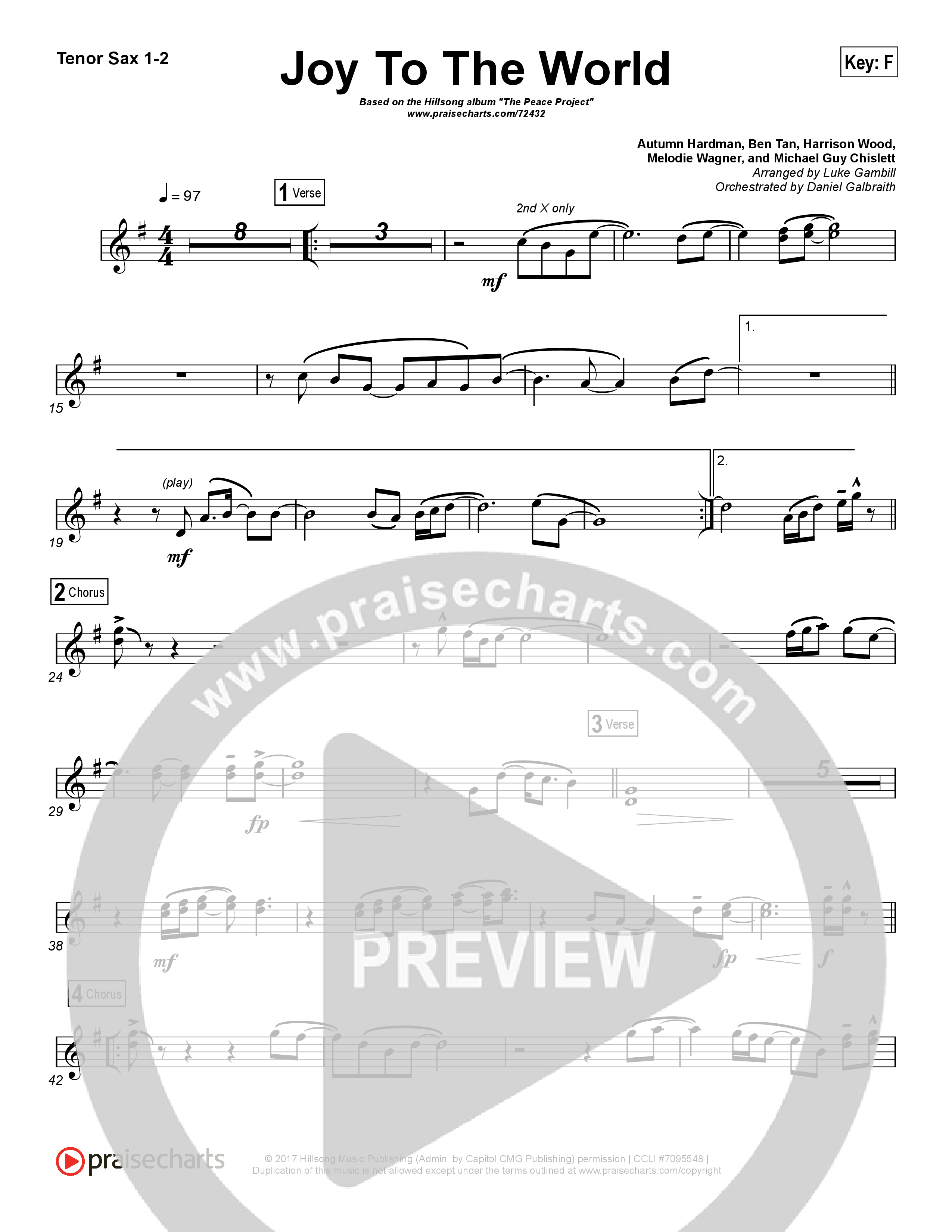 Joy To The World (Choral Anthem SATB) Tenor Sax 1/2 (Hillsong Worship / Arr. Luke Gambill)