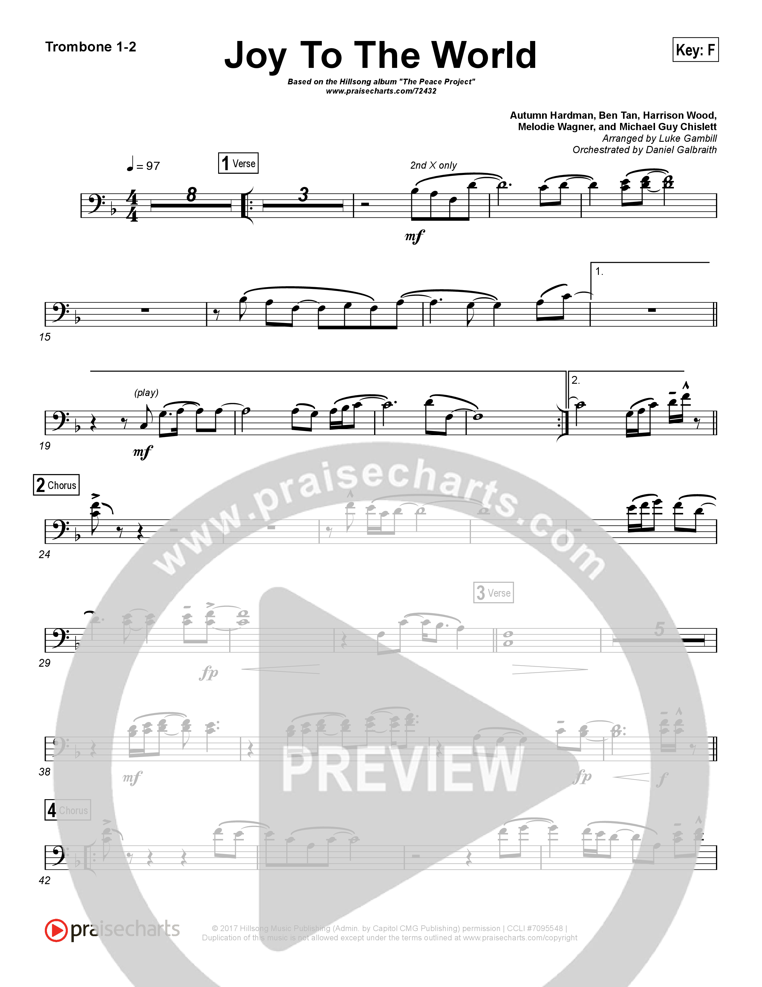 Joy To The World (Choral Anthem SATB) Trombone 1/2 (Hillsong Worship / Arr. Luke Gambill)