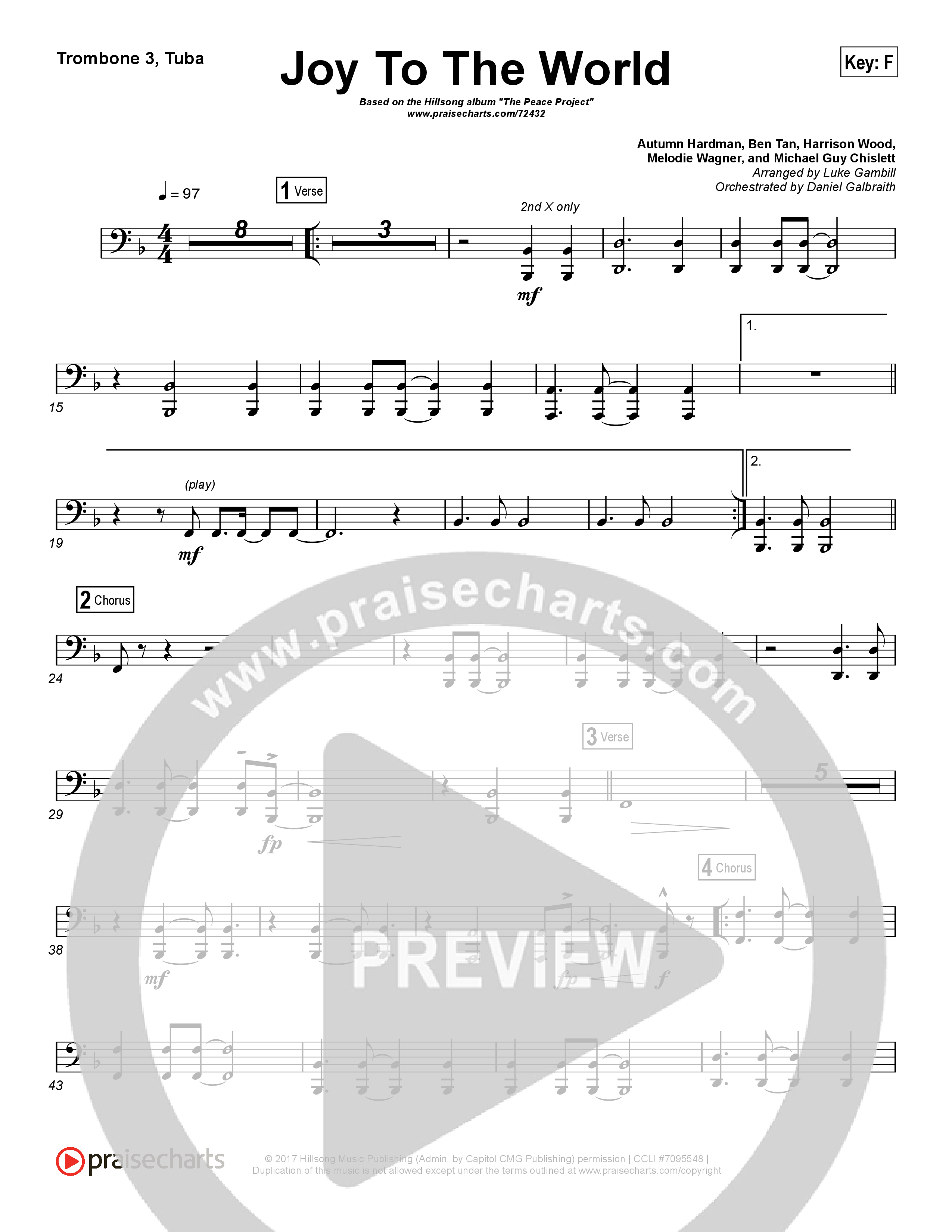 Joy To The World (Choral Anthem SATB) Trombone 3/Tuba (Hillsong Worship / Arr. Luke Gambill)