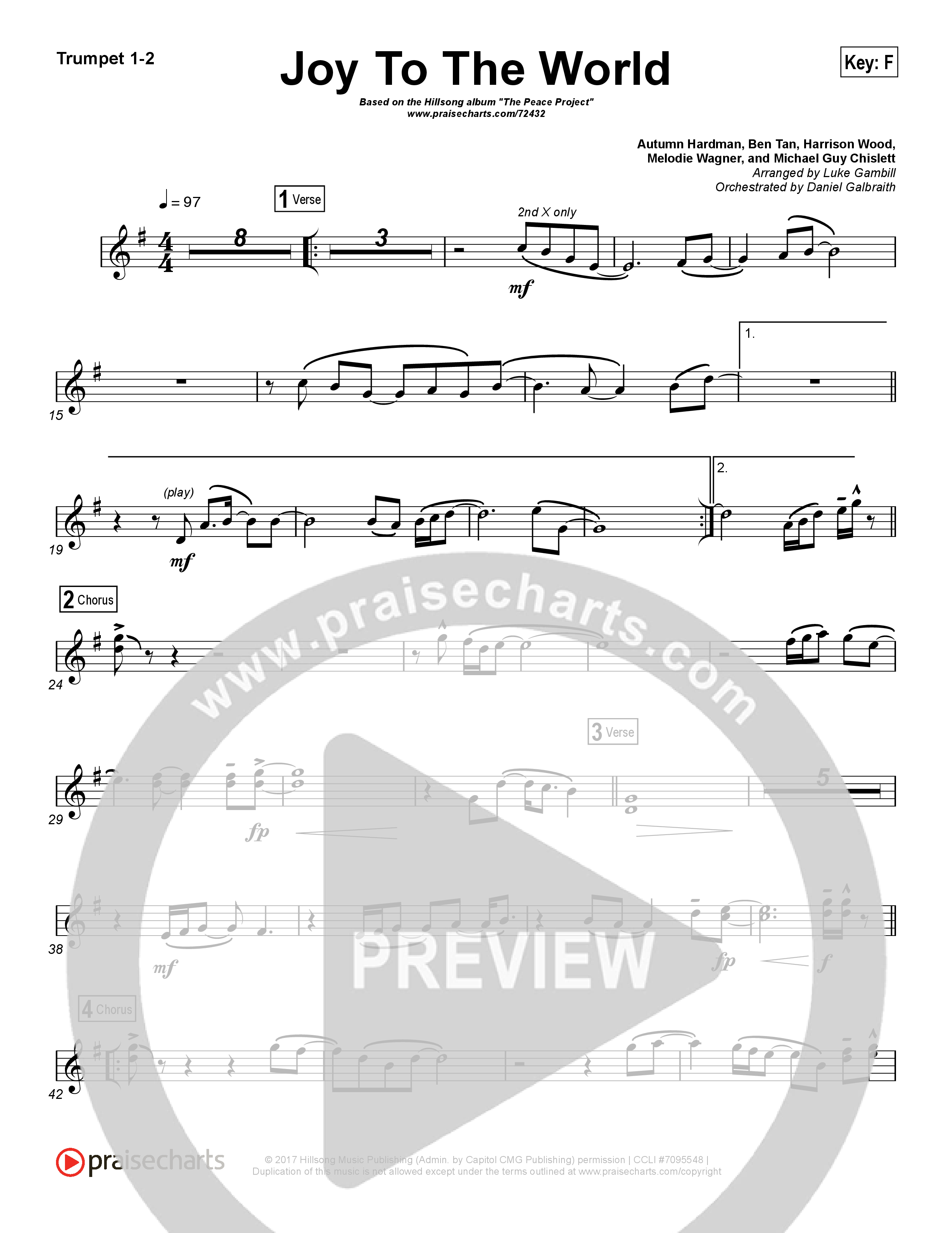 Joy To The World (Choral Anthem SATB) Trumpet 1,2 (Hillsong Worship / Arr. Luke Gambill)