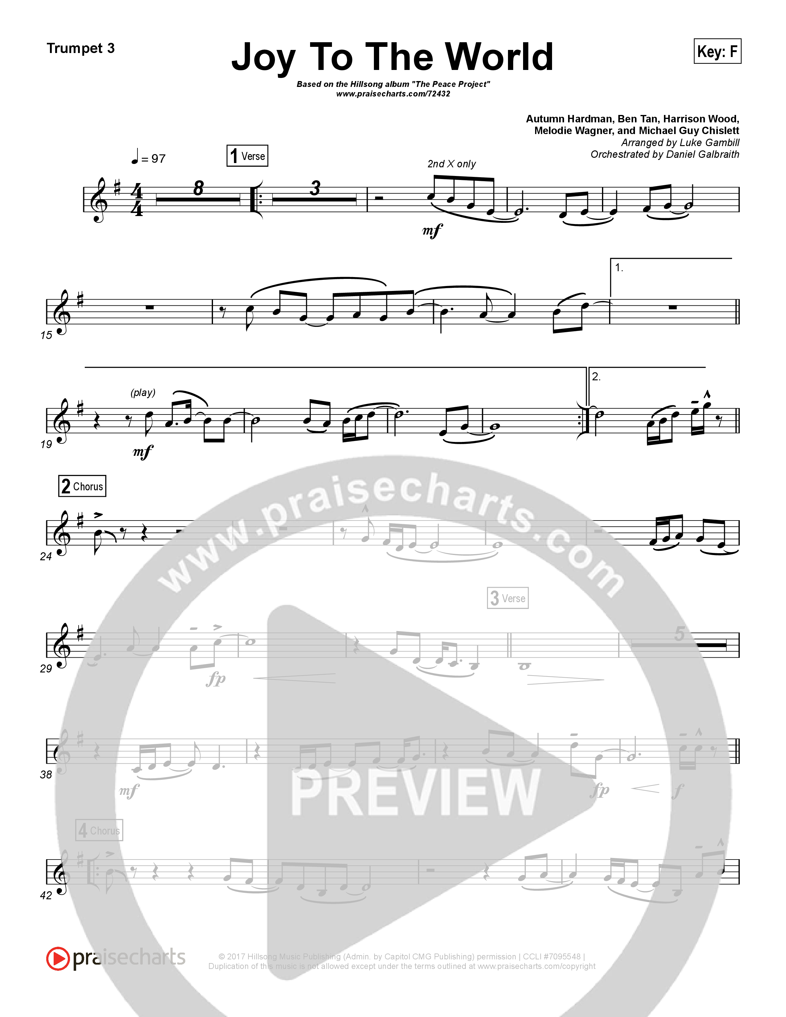 Joy To The World (Choral Anthem SATB) Trumpet 3 (Hillsong Worship / Arr. Luke Gambill)