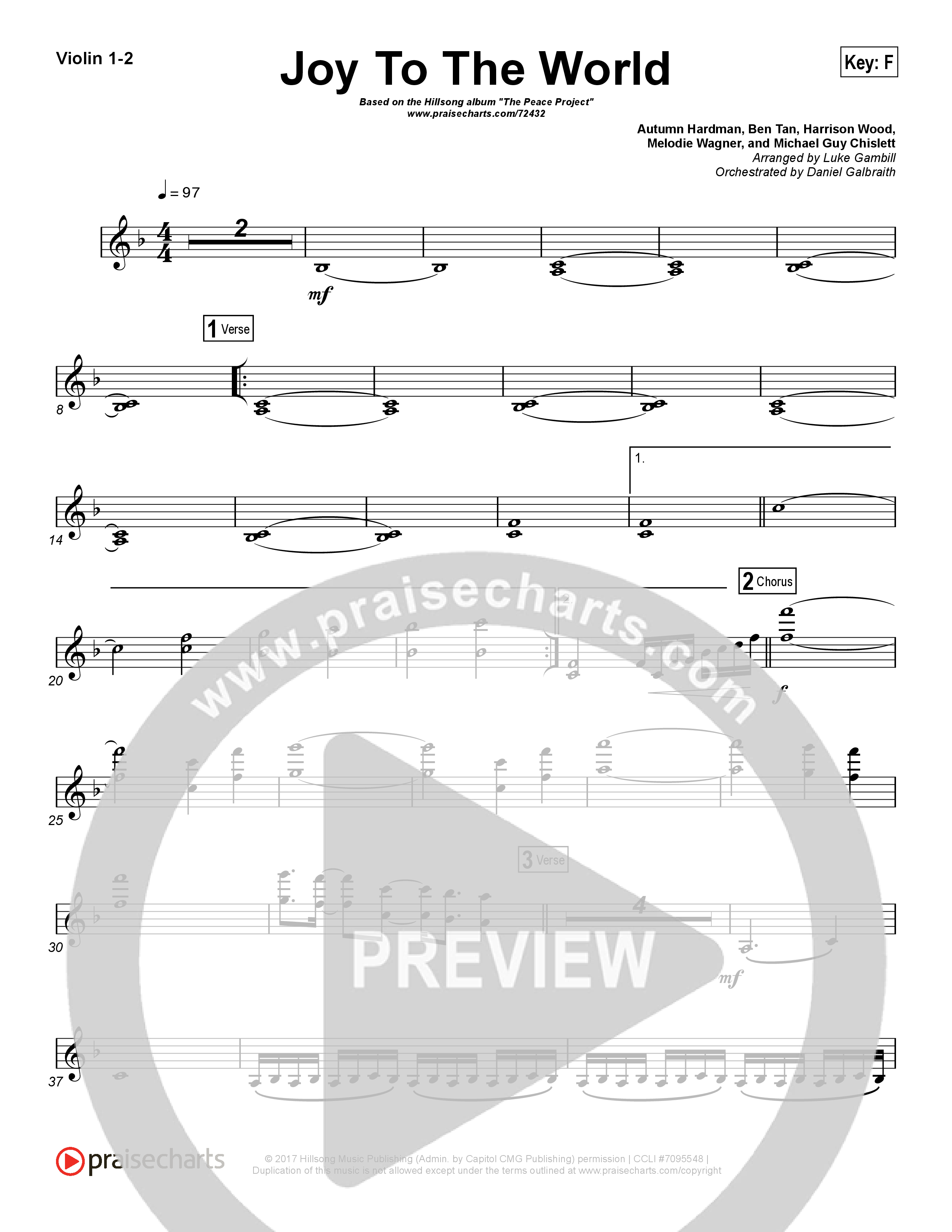 Joy To The World (Choral Anthem SATB) Violin 1/2 (Hillsong Worship / Arr. Luke Gambill)