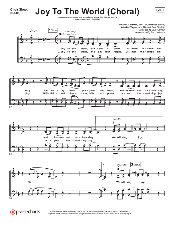 Joy To The World (Choral Anthem SATB) Choir Sheet (SATB) (Hillsong Worship / Arr. Luke Gambill)