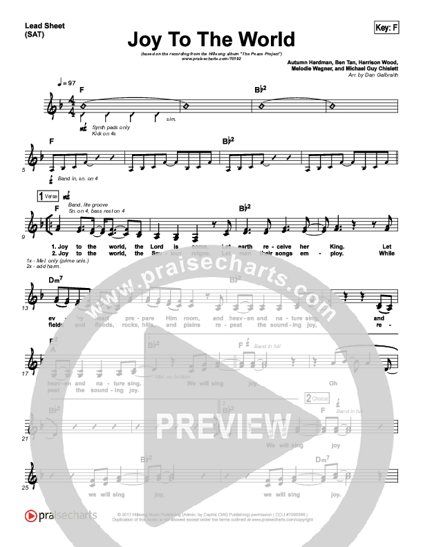 Joy To The World (Choral Anthem SATB) Lead Sheet (SAT) (Hillsong Worship / Arr. Luke Gambill)