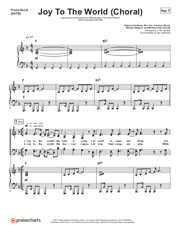 Joy To The World (Choral Anthem SATB) Piano/Vocal (SATB) (Hillsong Worship / Arr. Luke Gambill)