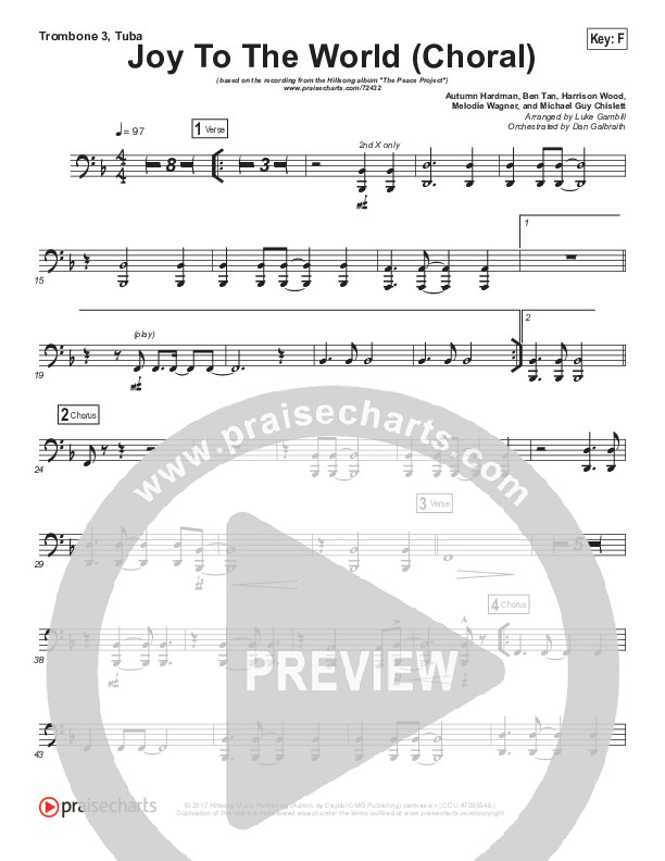 Joy To The World (Choral Anthem SATB) Trombone 3/Tuba (Hillsong Worship / Arr. Luke Gambill)