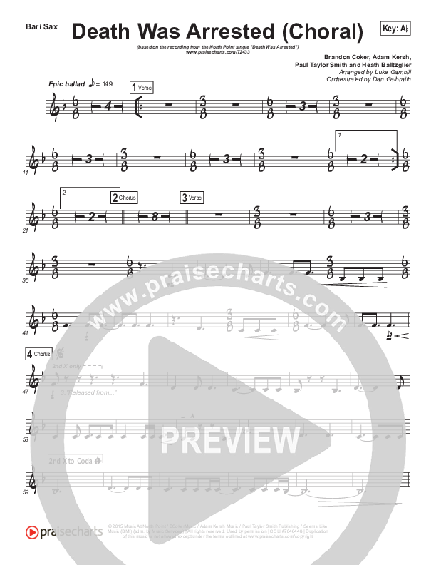 Death Was Arrested (Choral Anthem SATB) Bari Sax (North Point Worship / Arr. Luke Gambill)