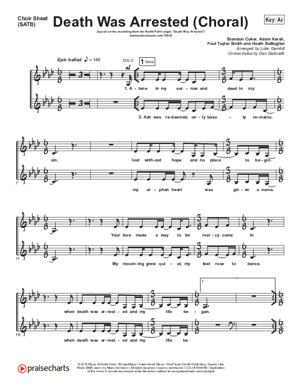 Death Was Arrested (Choral Anthem SATB) Choir Sheet (SATB) (North Point Worship / Arr. Luke Gambill)