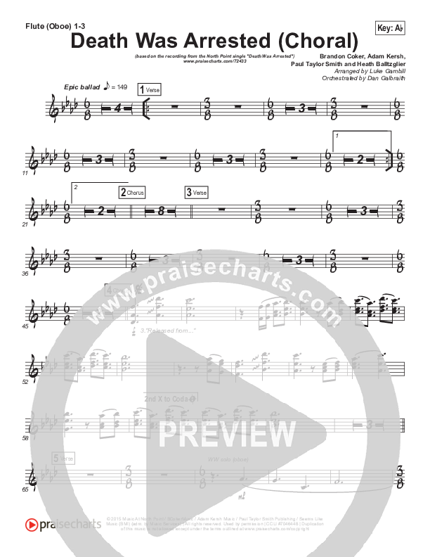 Death Was Arrested (Choral Anthem SATB) Flute/Oboe 1/2/3 (North Point Worship / Arr. Luke Gambill)