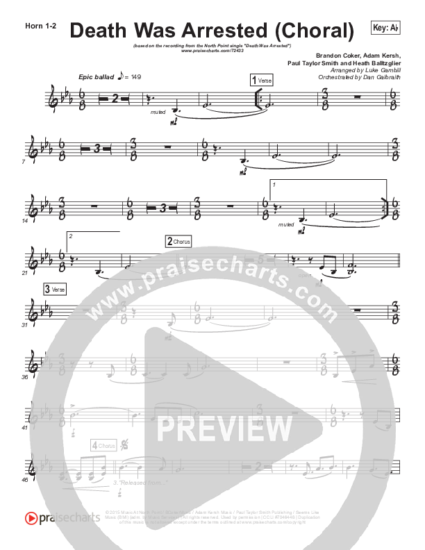 Death Was Arrested (Choral Anthem SATB) French Horn 1/2 (North Point Worship / Arr. Luke Gambill)