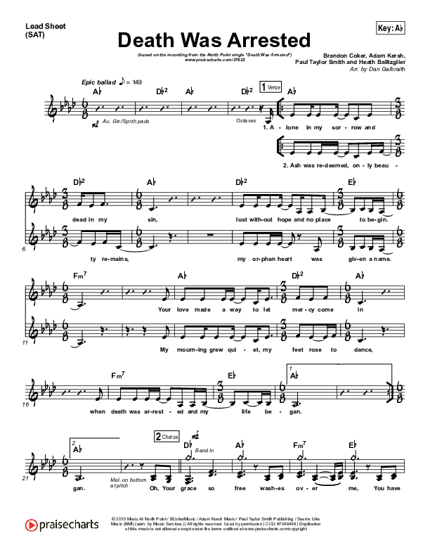 Death Was Arrested (Choral Anthem SATB) Lead Sheet (SAT) (North Point Worship / Arr. Luke Gambill)