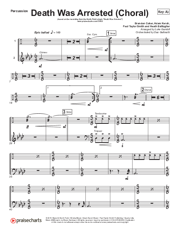 Death Was Arrested (Choral Anthem SATB) Percussion (North Point Worship / Arr. Luke Gambill)