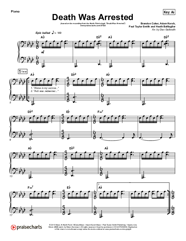 Death Was Arrested (Choral Anthem SATB) Piano Sheet (North Point Worship / Arr. Luke Gambill)