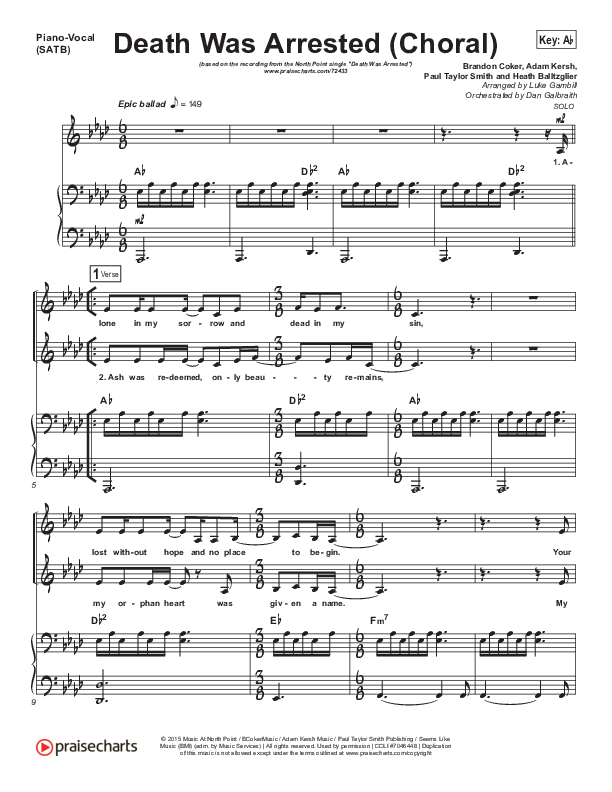 Death Was Arrested (Choral Anthem SATB) Piano/Vocal (SATB) (North Point Worship / Arr. Luke Gambill)