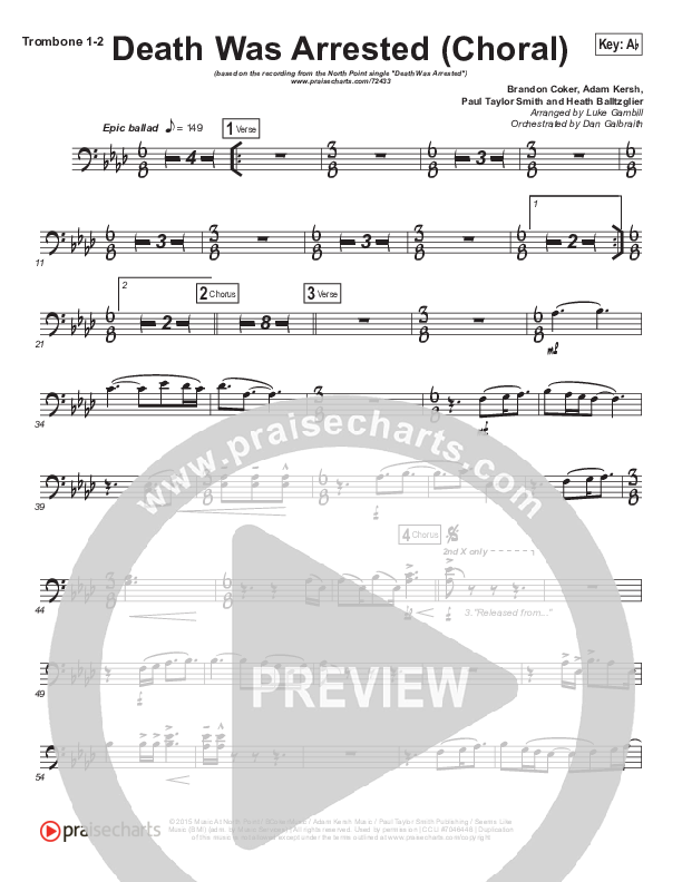 Death Was Arrested (Choral Anthem SATB) Trombone 1/2 (North Point Worship / Arr. Luke Gambill)