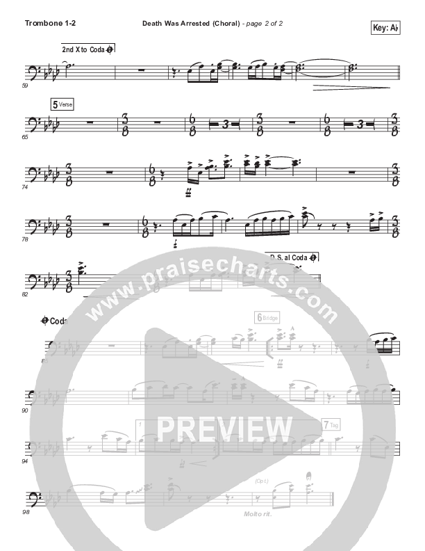 Death Was Arrested (Choral Anthem SATB) Trombone 1/2 (North Point Worship / Arr. Luke Gambill)