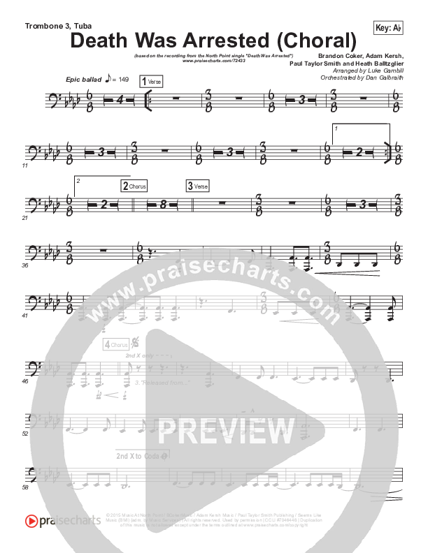 Death Was Arrested (Choral Anthem SATB) Trombone 3/Tuba (North Point Worship / Arr. Luke Gambill)