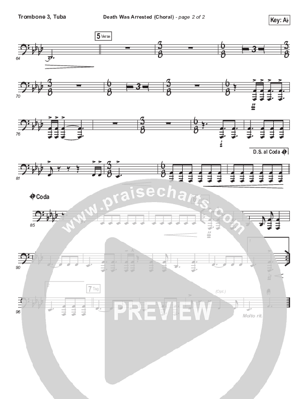 Death Was Arrested (Choral Anthem SATB) Trombone 3/Tuba (North Point Worship / Arr. Luke Gambill)