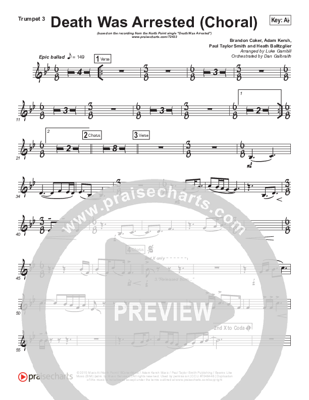 Death Was Arrested (Choral Anthem SATB) Trumpet 3 (North Point Worship / Arr. Luke Gambill)