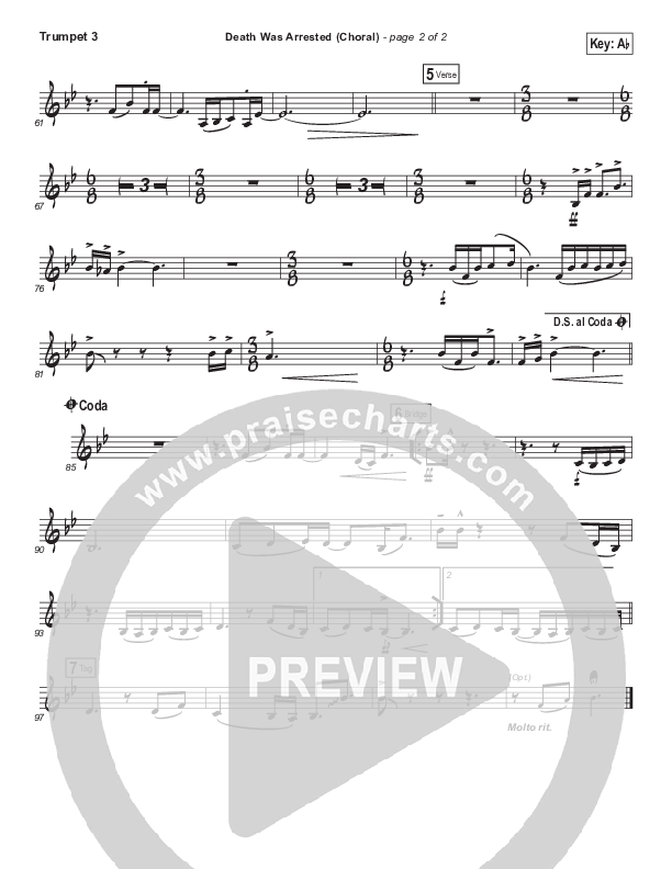Death Was Arrested (Choral Anthem SATB) Trumpet 3 (North Point Worship / Arr. Luke Gambill)