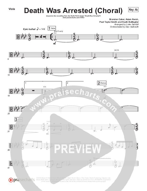 Death Was Arrested (Choral Anthem SATB) Viola (North Point Worship / Arr. Luke Gambill)