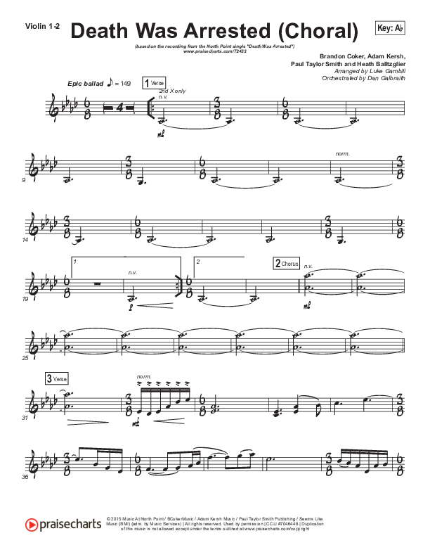 Death Was Arrested (Choral Anthem SATB) Violin 1/2 (North Point Worship / Arr. Luke Gambill)
