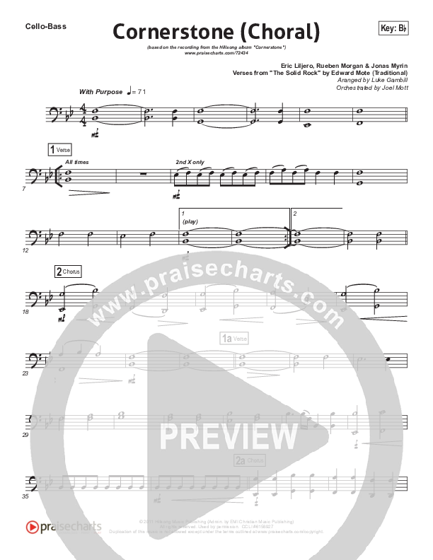 Cornerstone (Choral Anthem SATB) Cello/Bass (Hillsong Worship / Arr. Luke Gambill)